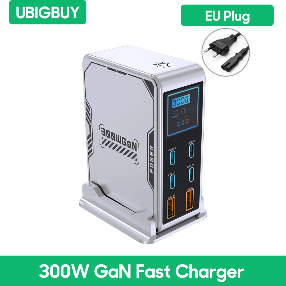 300W GaN 6-Port Desktop Fast Charger Station with Digital Display - 34