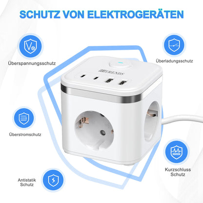 7-in-1 Power Strip with USB-C, Ultra-Thin Flat Plug & 2m Extension Cord