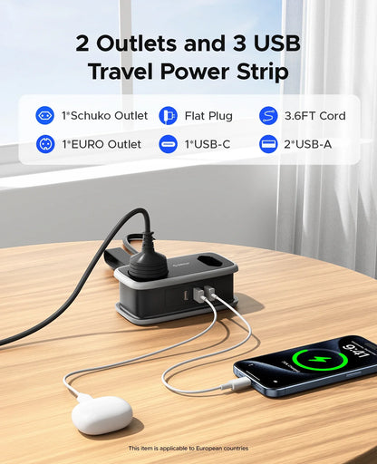 Portable EU Travel Power Strip with USB-C & Fast Charging – 5-in-1 Compact