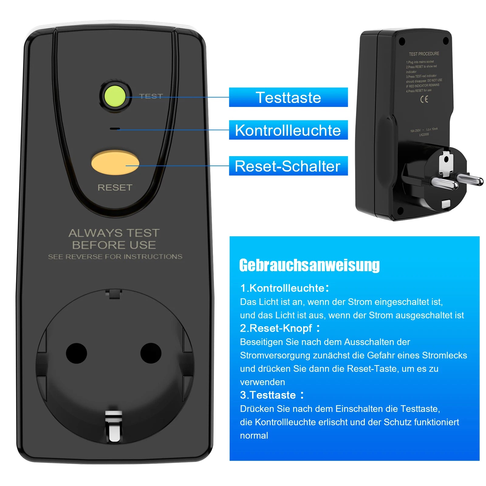 EU GFCI Leakproof Safety Plug - 16A RCD Circuit Breaker for Home & Outdoor - 8