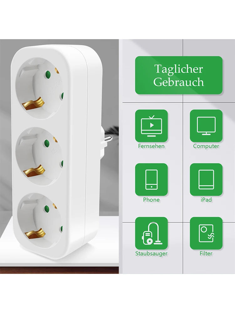 3-Way European Power Socket Adapter - 16A EU Plug Extension Converter - 3