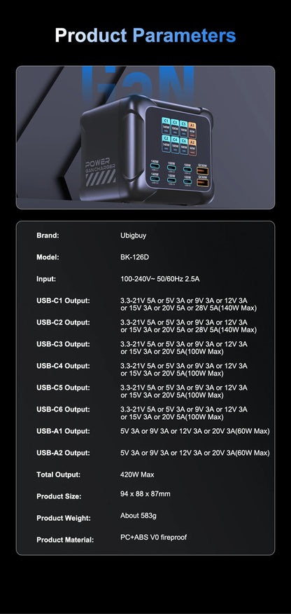 300W GaN 6-Port Desktop Fast Charger Station with Digital Display
