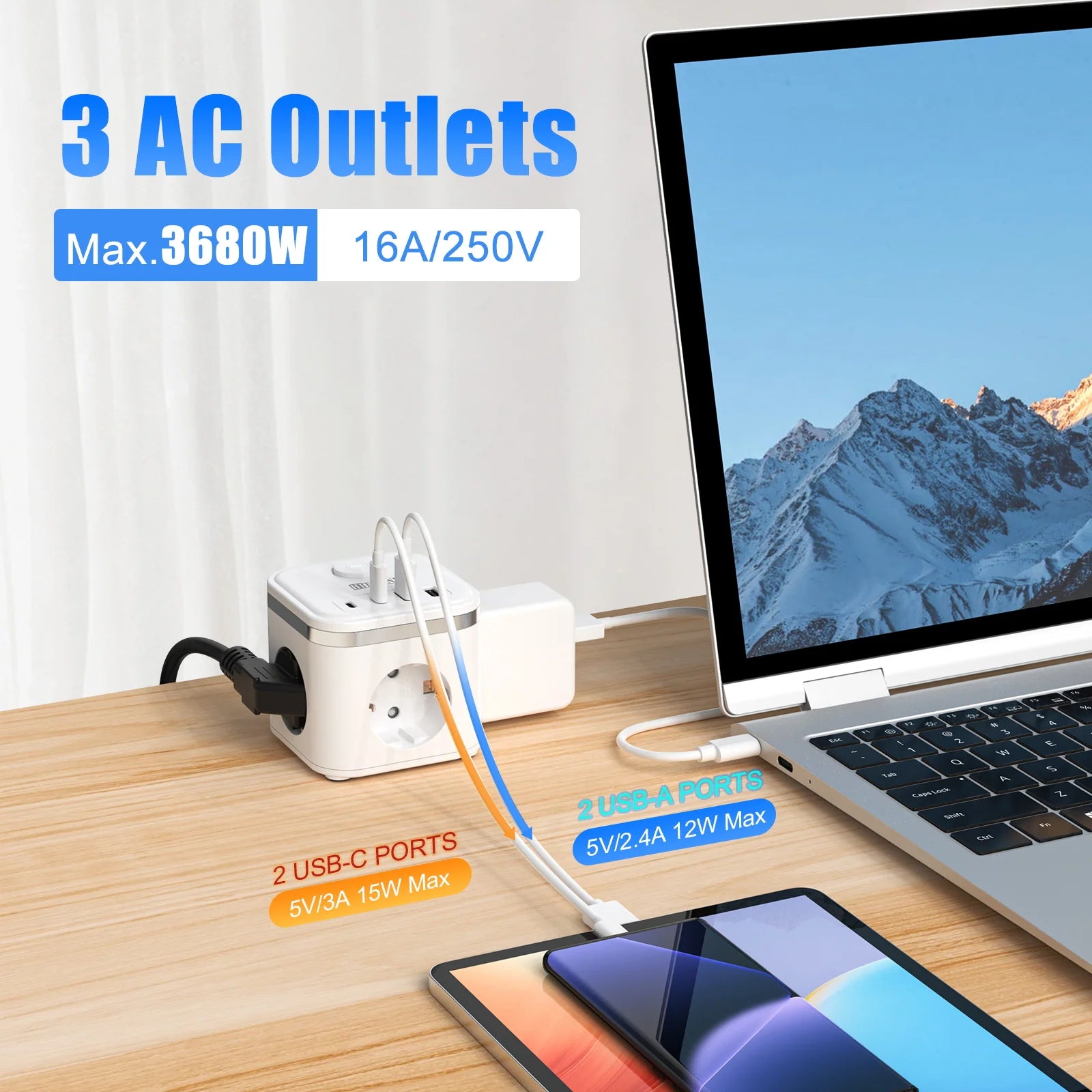 7-in-1 Power Strip with USB-C, Ultra-Thin Flat Plug & 2m Extension Cord - 3