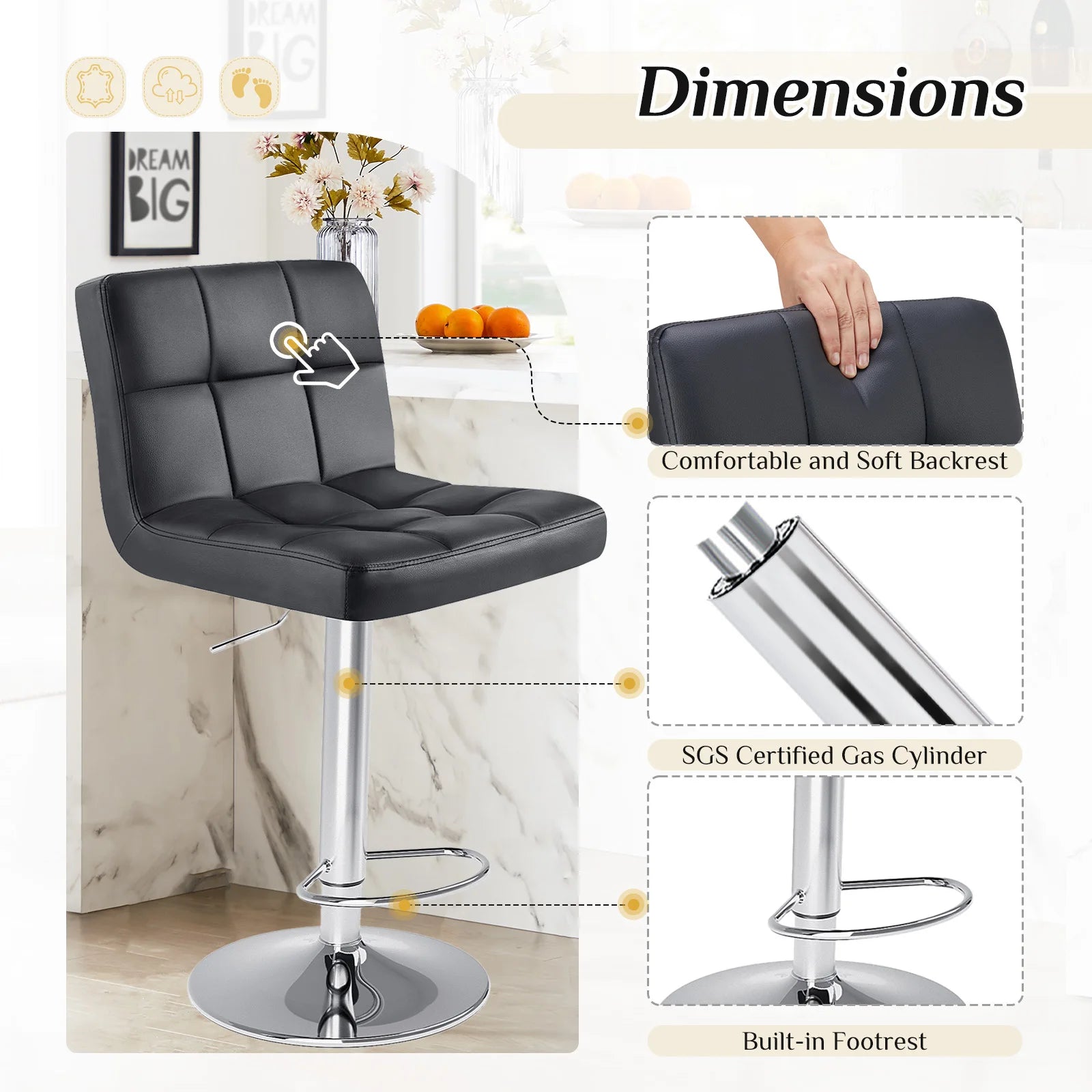 Set of 2 PU Leather Bar Stools - Comfortable Kitchen Counter Height Chairs - 12