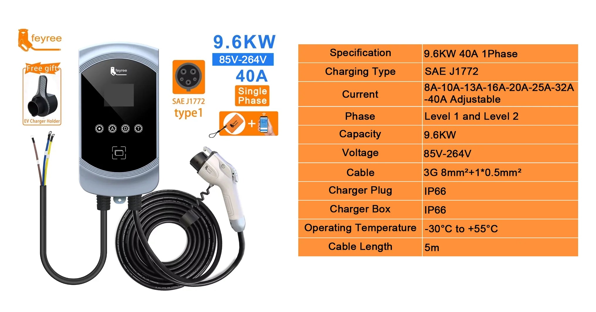 Smart Type 1 EV Wallbox Charger - 7.6kW to 12kW Fast Home Charging Station - 8