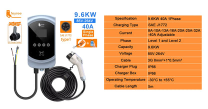 Smart Type 1 EV Wallbox Charger - 7.6kW to 12kW Fast Home Charging Station