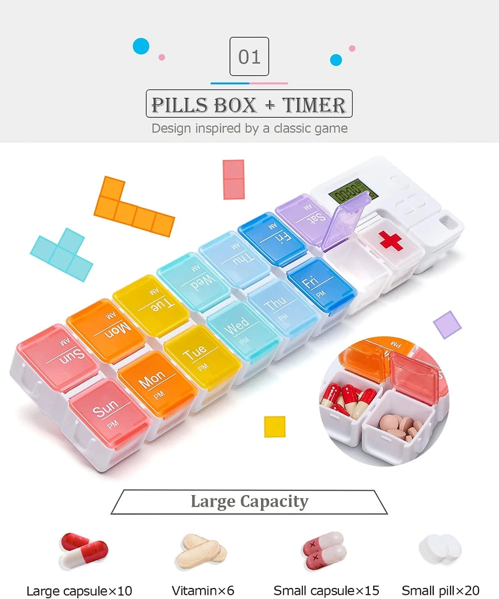 7-Day Weekly Pill Organizer with Electronic Alarm Reminder