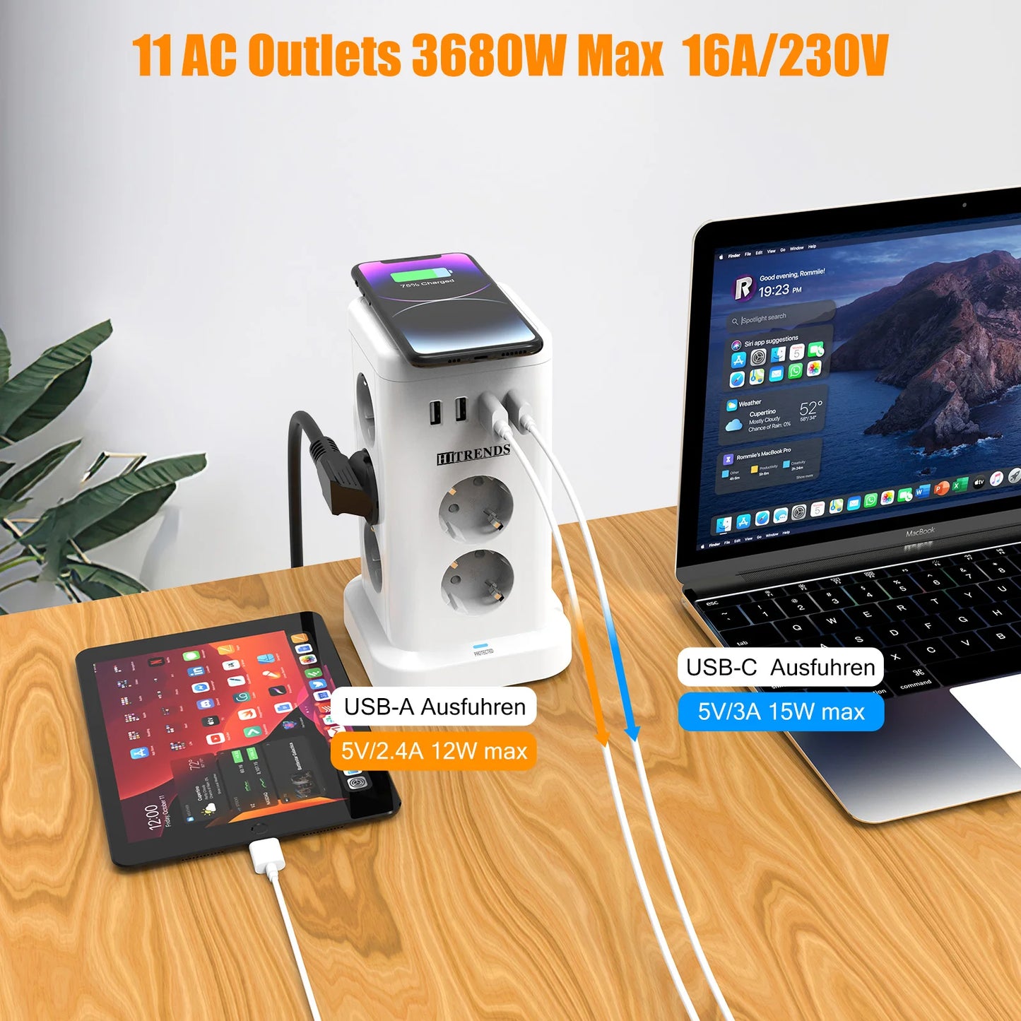 15-in-1 Vertical Power Strip Tower with USB-C & Wireless Charging