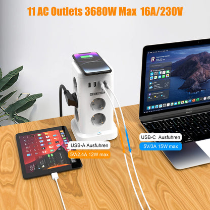 15-in-1 Vertical Power Strip Tower with USB-C & Wireless Charging