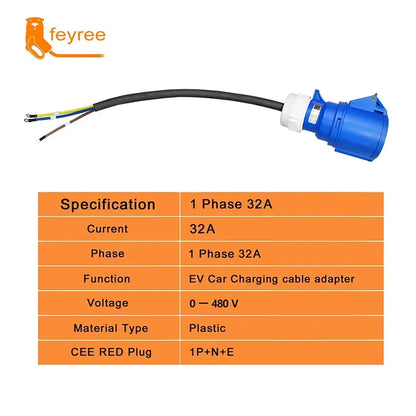32A EV Charger Adapter CEE Female 3-Pin to Schuko Plug 7KW Portable