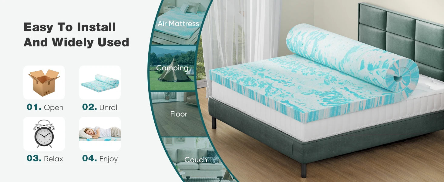 Gel Memory Foam Mattress Topper - Cooling & Pressure Relief Bed Pad - 6