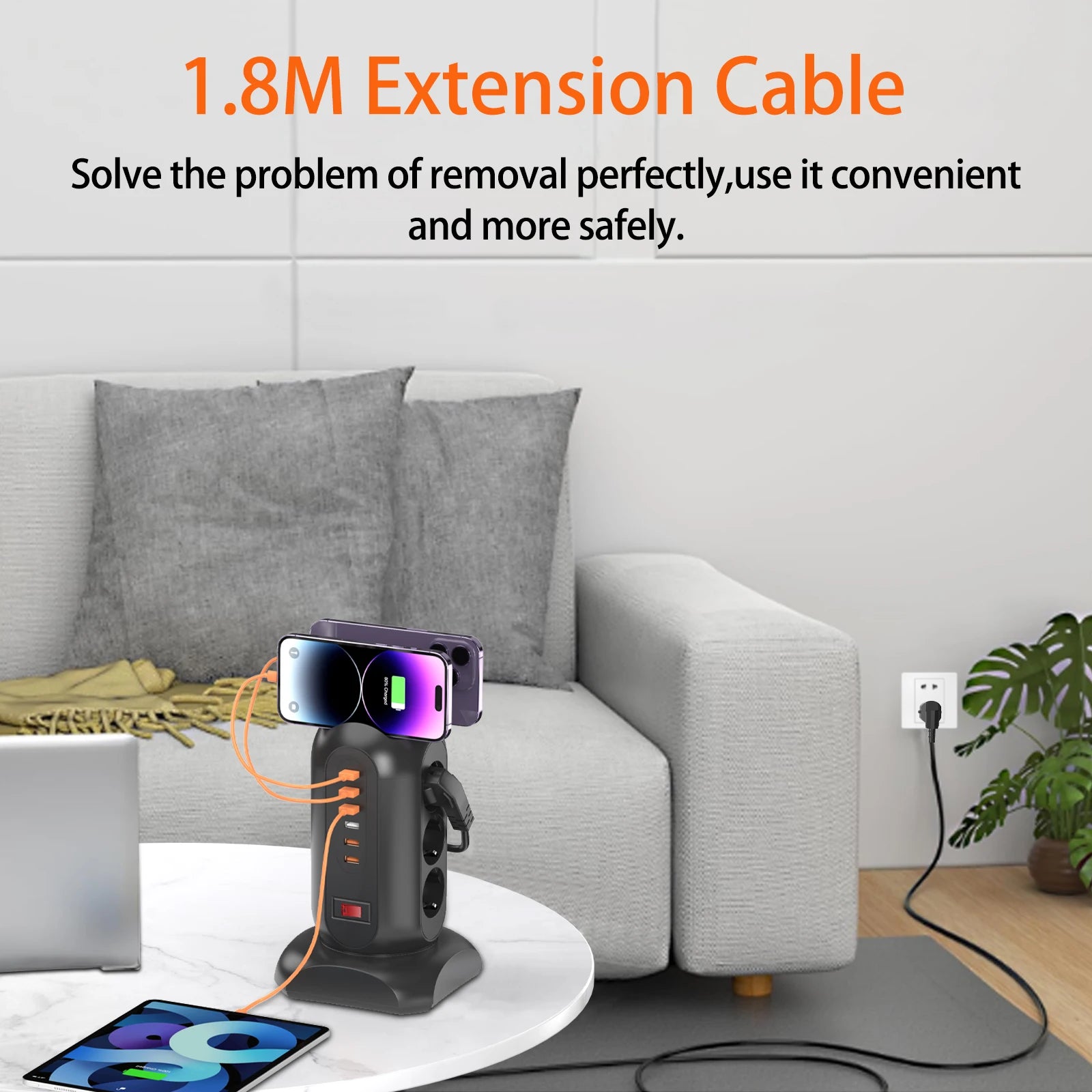 15-in-1 Tower Power Strip with 6 USB Ports & Retractable 1.8m Cord - 9