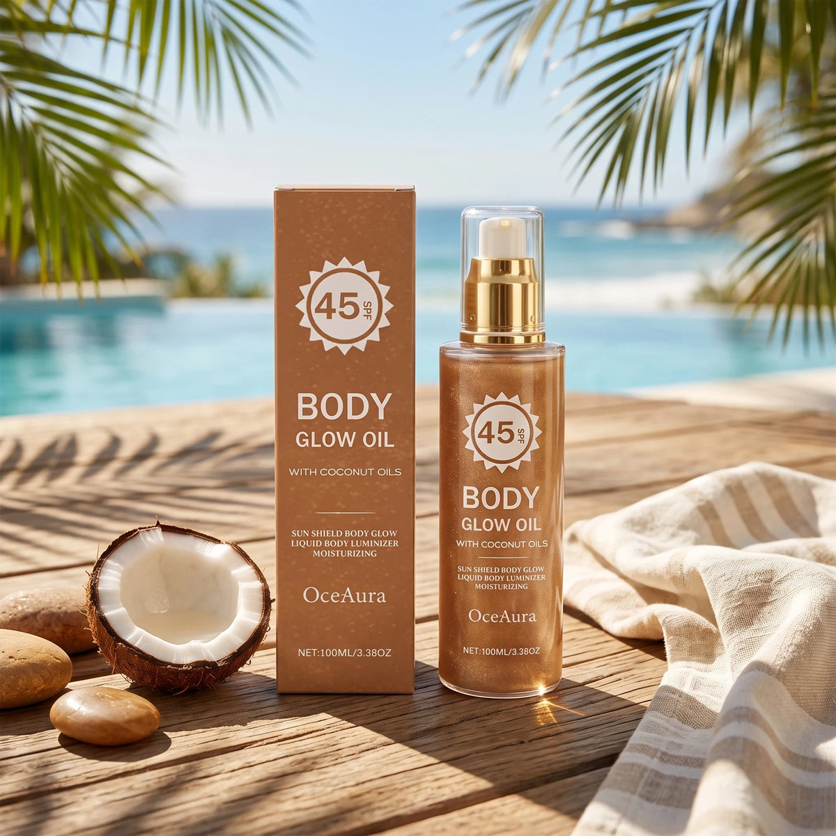 SPF 45 Shimmering Coconut Body Glow Oil Sun Protection Moisturizer
