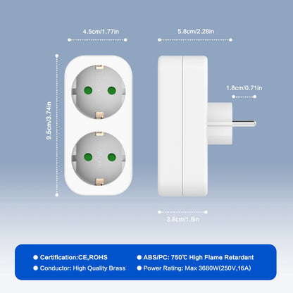 European 2-Way Wall Socket Adapter 16A 3680W Compact Travel Power Plug