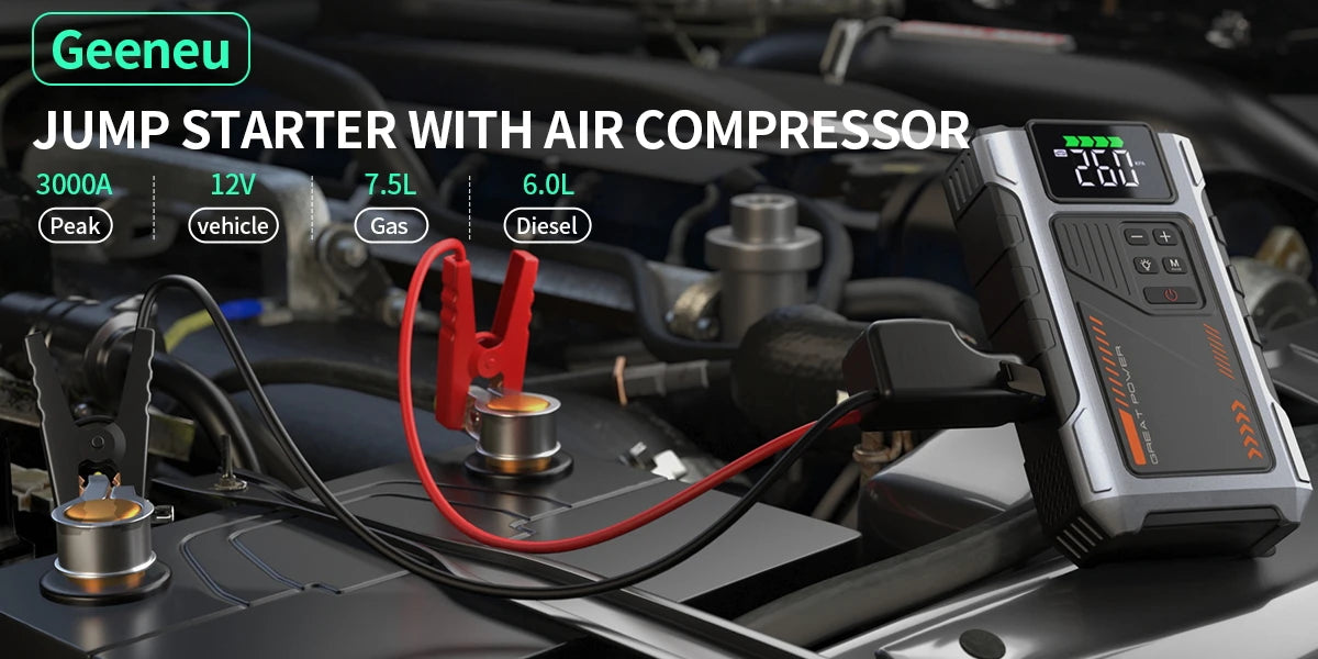 3000A Portable Car Jump Starter with 150PSI Air Compressor & LED Light