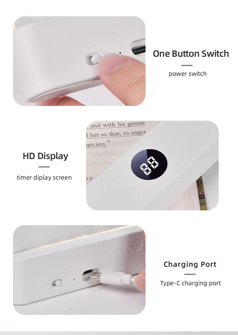 Flat Panel LED Book Reading Light - Rechargeable Eye-Caring Night Light with Timer - 14