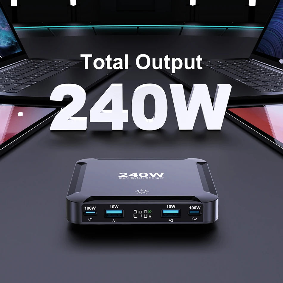 240W 5-in-1 GaN Fast Charging Station with 100W Retractable Cable