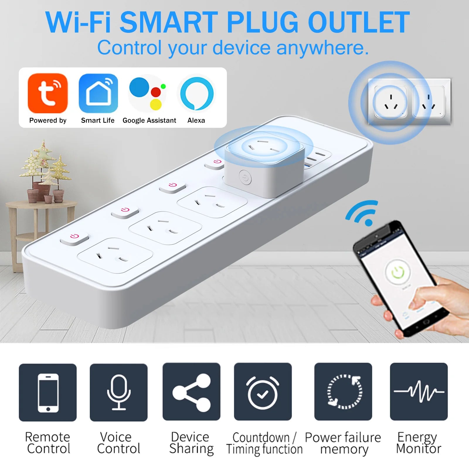 AU Smart WiFi Plug with Energy Monitor - Voice Control & Timer Socket - 3