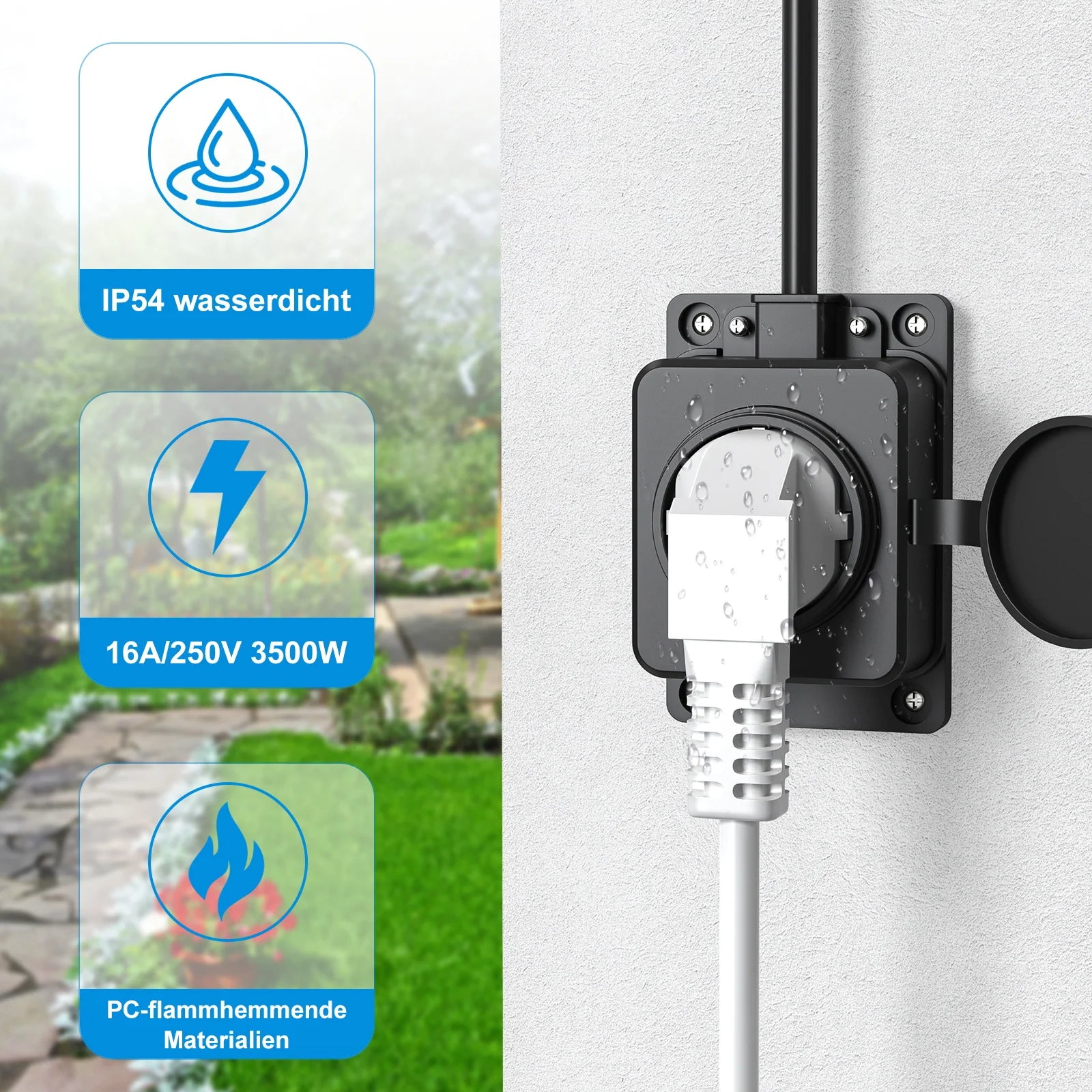 IP54 Waterproof German Standard Outdoor Power Socket - 16A 3500W Extension - 7