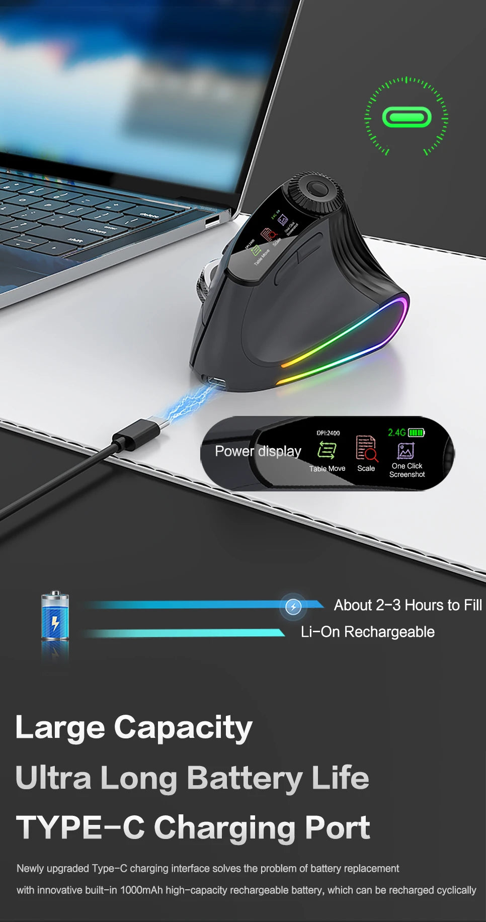 Ergonomic Wireless Vertical Mouse with RGB Backlight & Precision Knob
