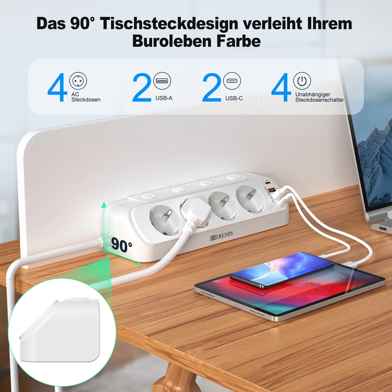 Desktop Power Strip with USB-C Fast Charging & 4 Individual Switches - 2