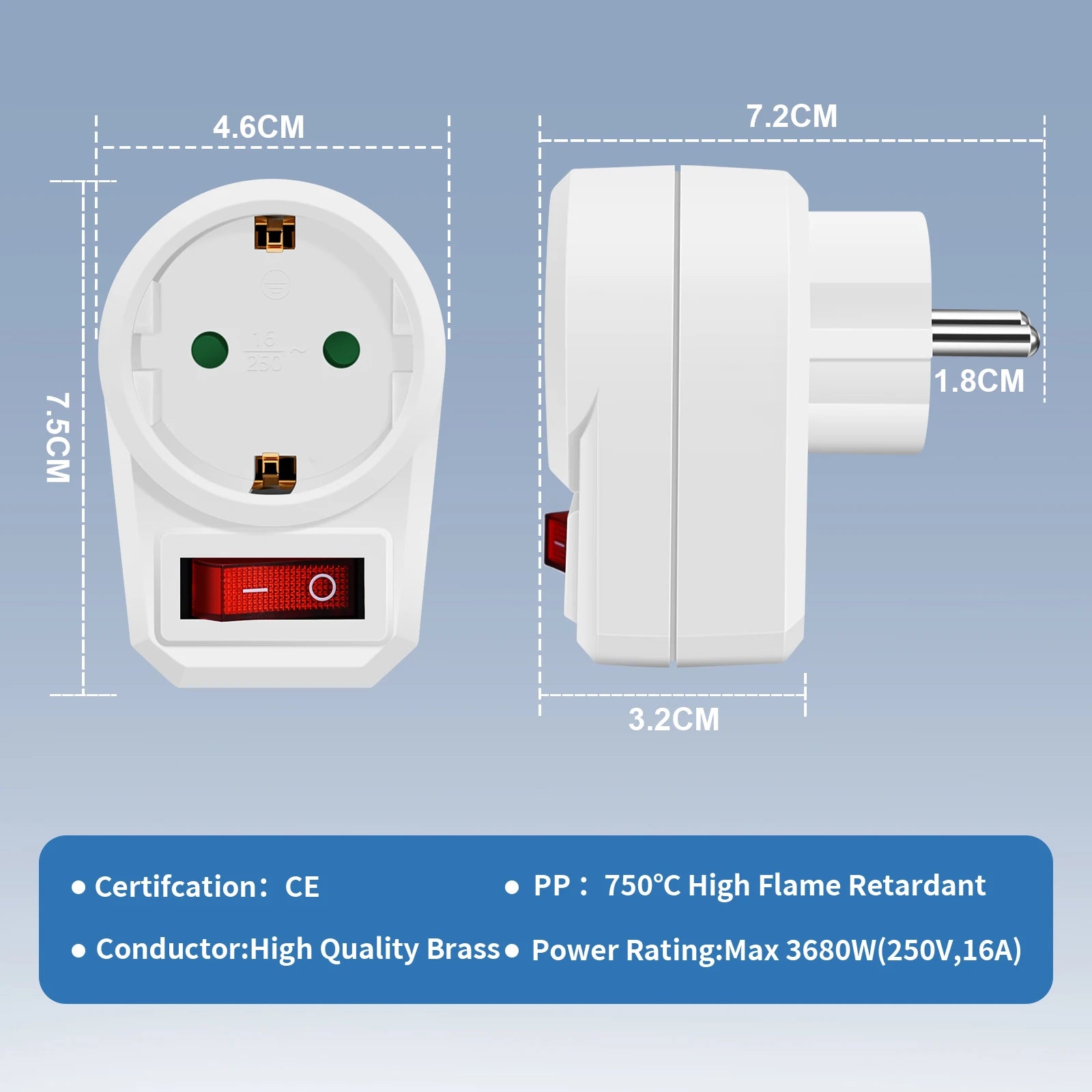 EU Socket Power Adapter with Switch - 16A German Standard Wall Plug - 2