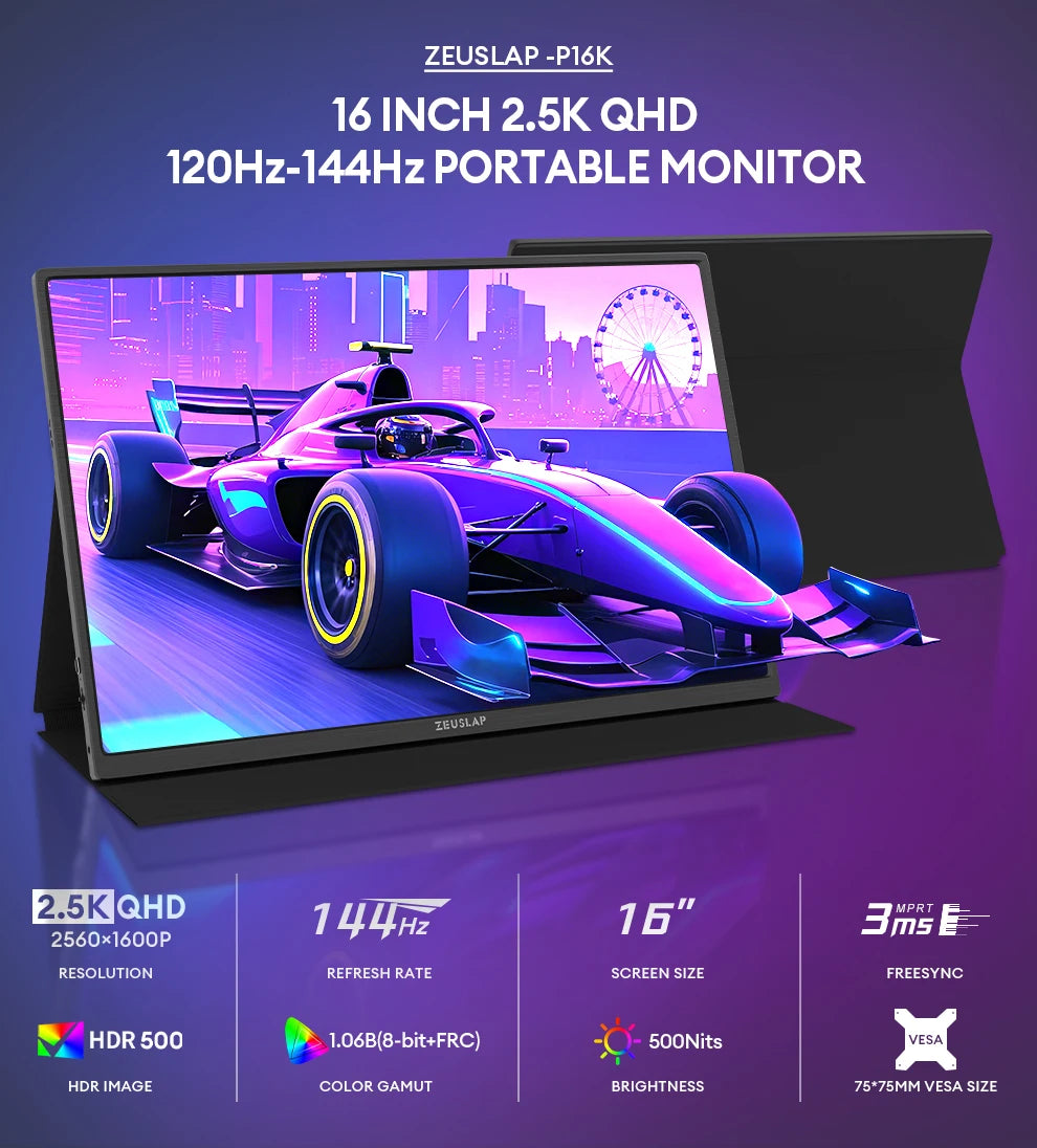 16" 2.5K 144Hz Portable Gaming Monitor - QHD IPS Travel Display for Laptop