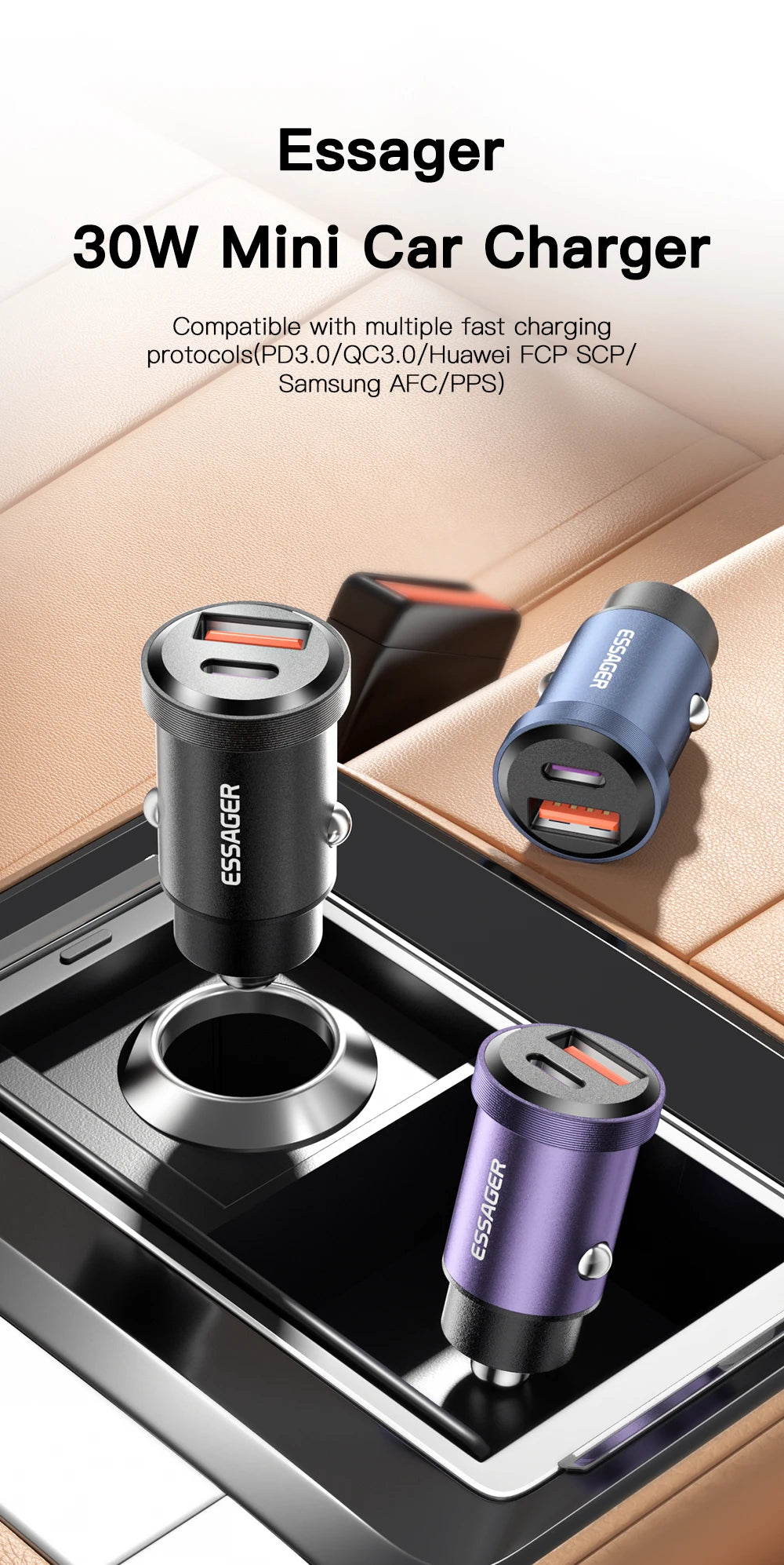 Essager 45W Fast Car Charger PD 3.0 Dual Port USB-C Adapter for Phone