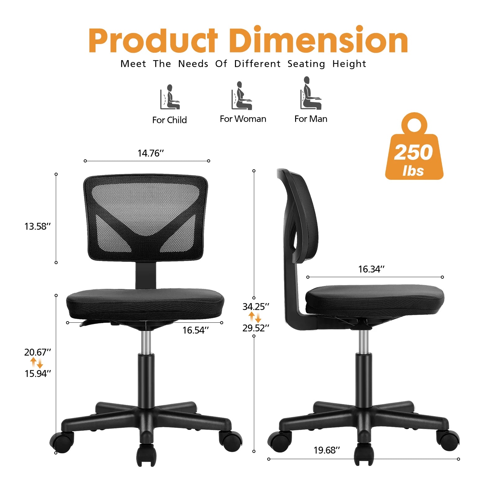 Ergonomic Mesh Armless Office Chair with Lumbar Support & Adjustable Height - 3