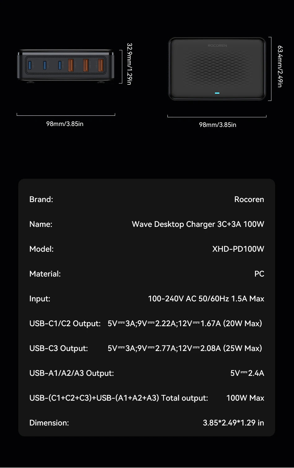 100W GaN 6-Port Desktop Fast Charging Station - Universal USB-C Power Hub - 31