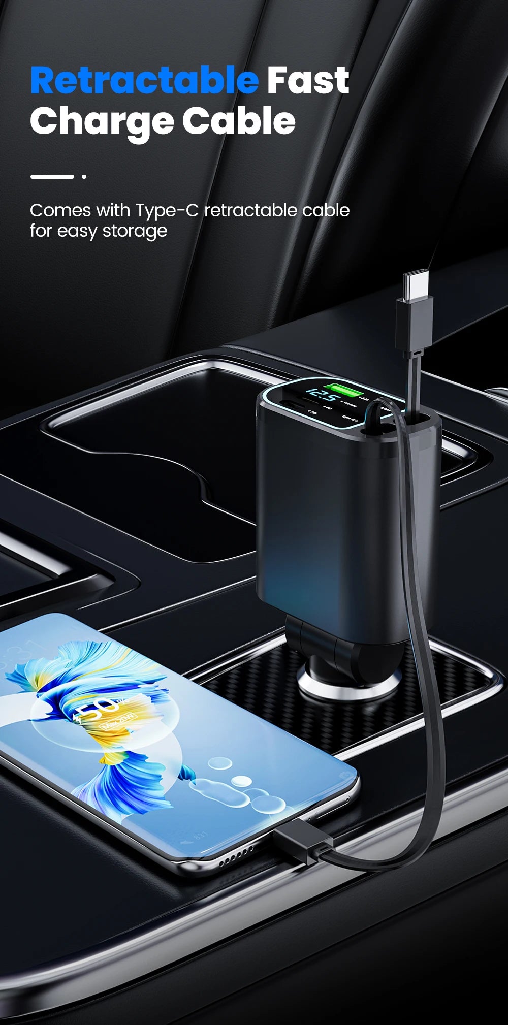 100W Retractable Fast Car Charger with USB & Type-C Digital Display - 8