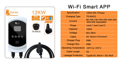Fast Tesla NACS EV Home Charging Station 7.6KW-12KW WiFi App Control