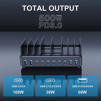 500W 10-Port GaN USB-C Charging Station for Laptops & Mobile Devices