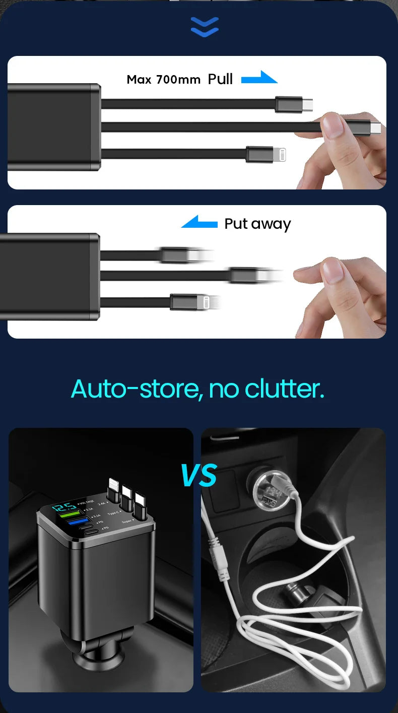 7-in-1 Retractable Fast Car Charger with Digital Display - 120W PD Adapter - 15