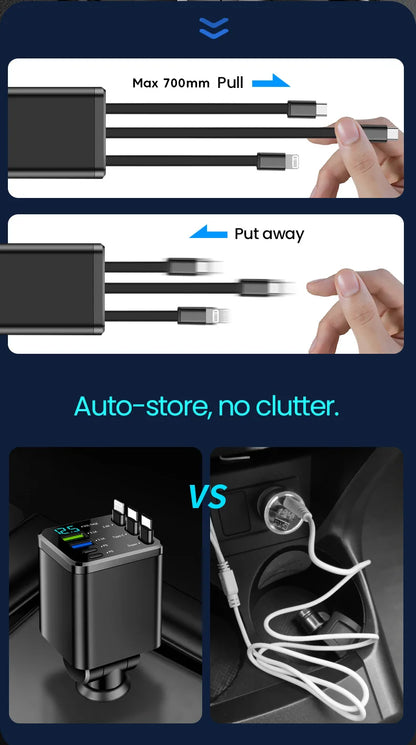 7-in-1 Retractable Fast Car Charger with Digital Display - 120W PD Adapter