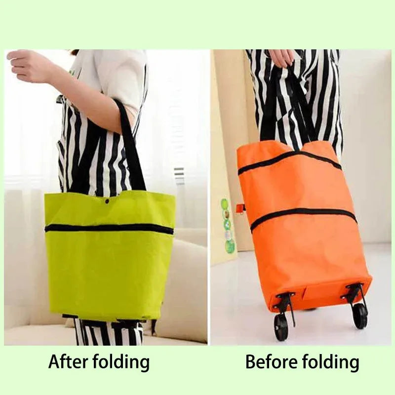 2-in-1 Foldable Shopping Bag with Wheels Pull Cart