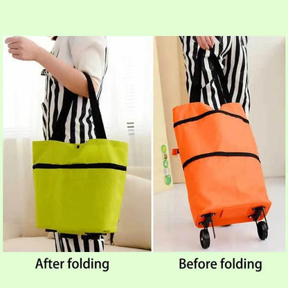 2-in-1 Foldable Shopping Bag with Wheels Pull Cart