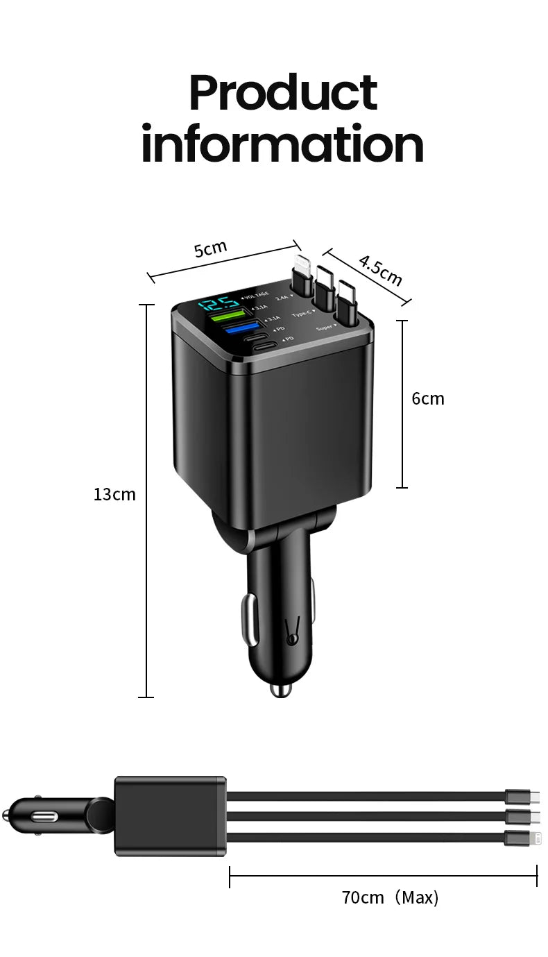 7-in-1 Retractable Fast Car Charger with Digital Display - 120W PD Adapter - 21