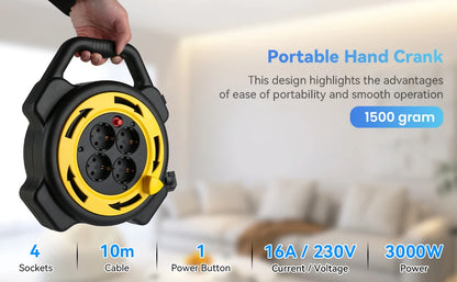 10M Retractable Extension Cord Reel with 4 Sockets, Heavy Duty Power Station