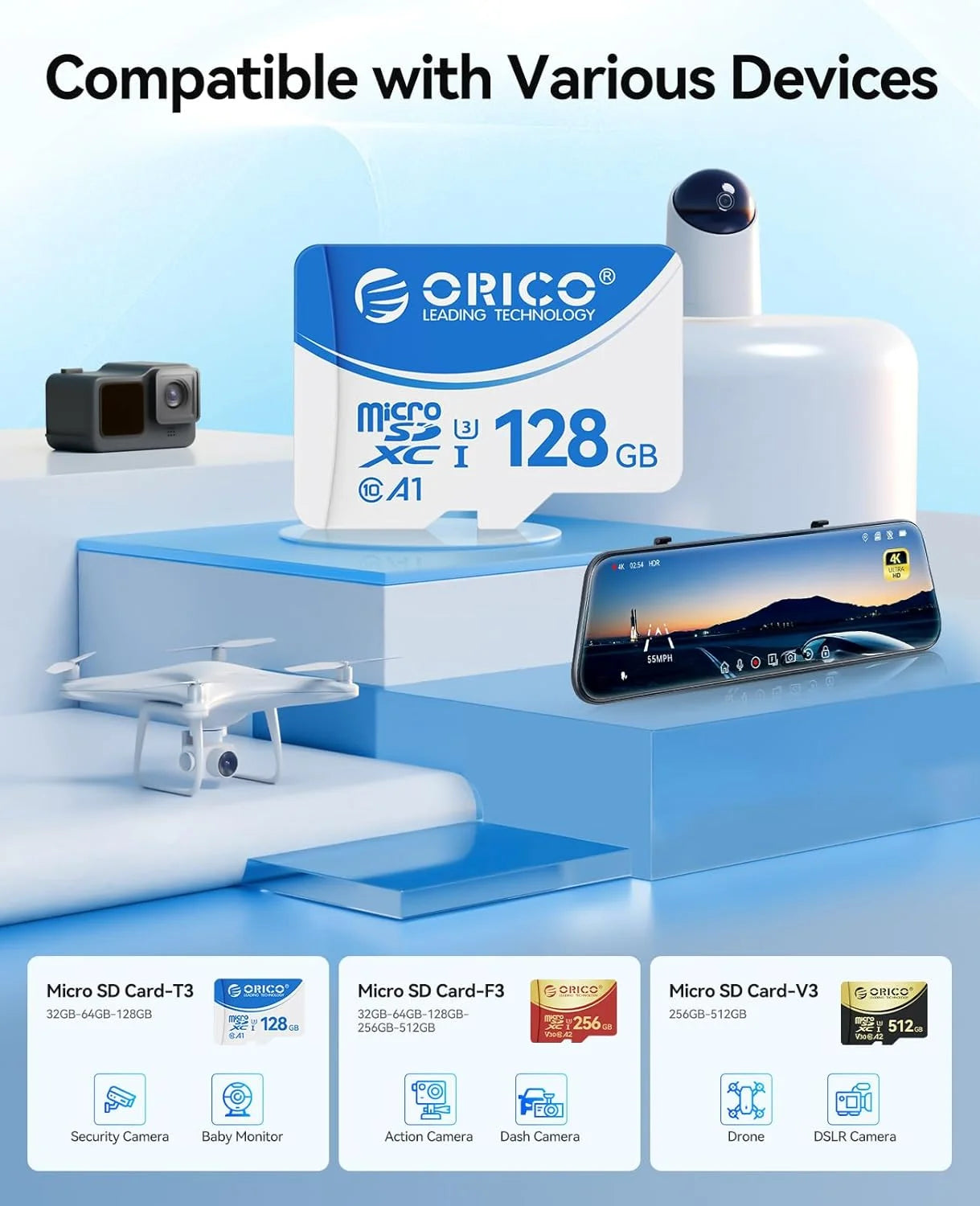 ORICO 128GB Micro SD Card - High-Speed UHS-I V30 for 4K Video & Cameras