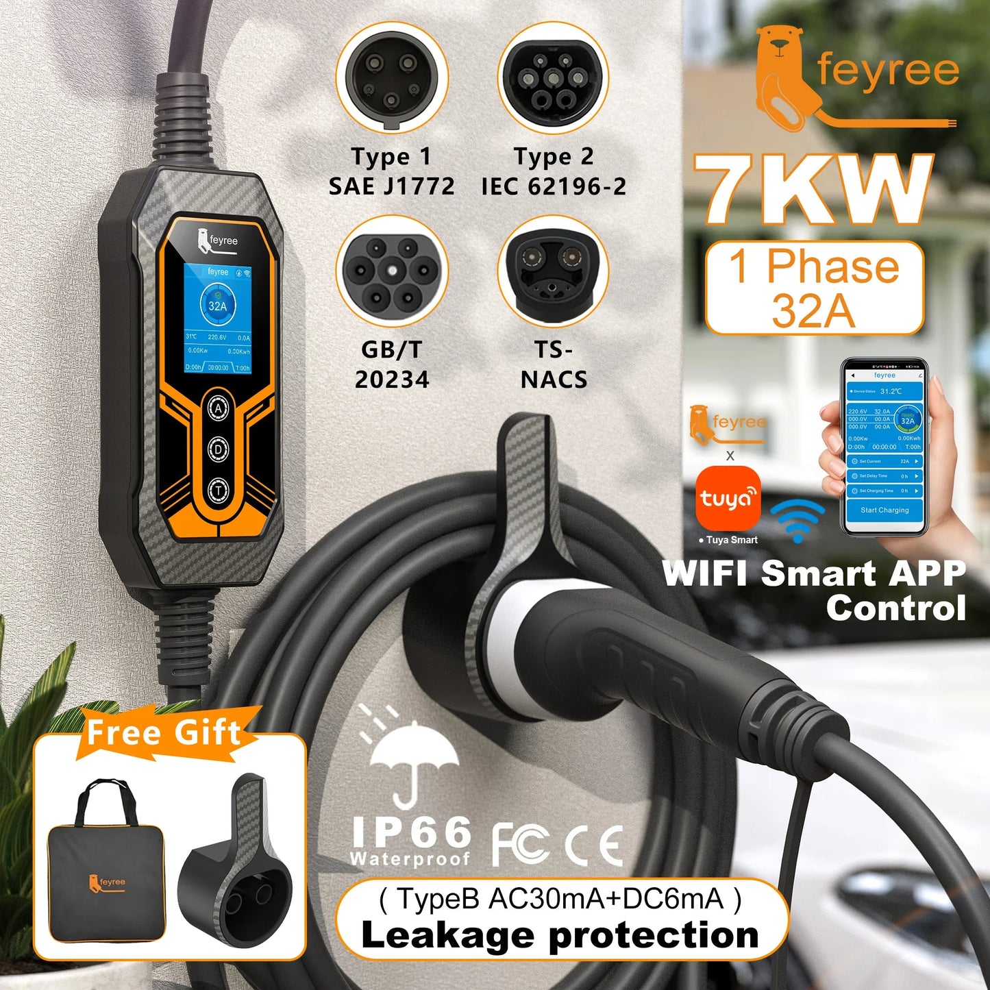 7KW Smart EV Charger with Wi-Fi App Control - Type 2 Portable EVSE Station
