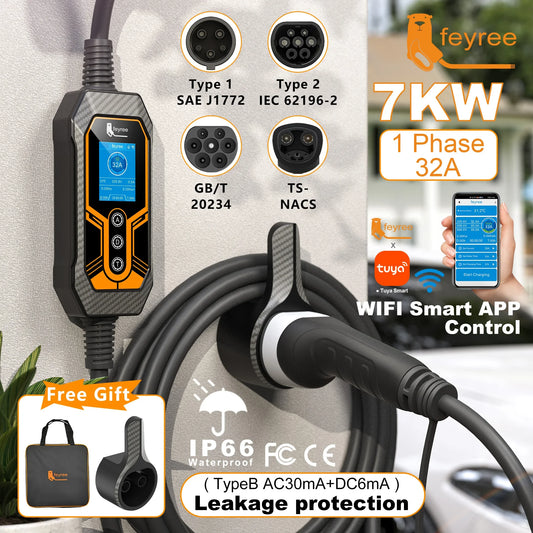 7KW Smart EV Charger with Wi-Fi App Control - Type 2 Portable EVSE Station