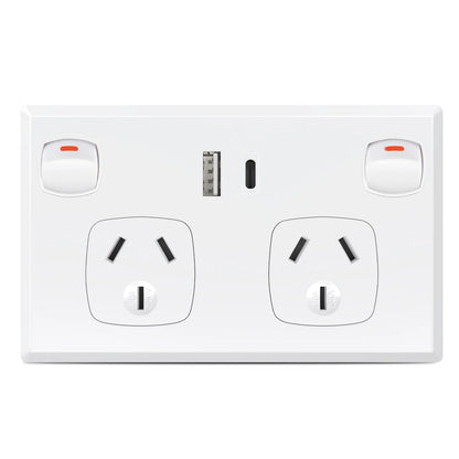 Australian Standard Dual Wall Socket with USB Ports & 2-Gang Switch