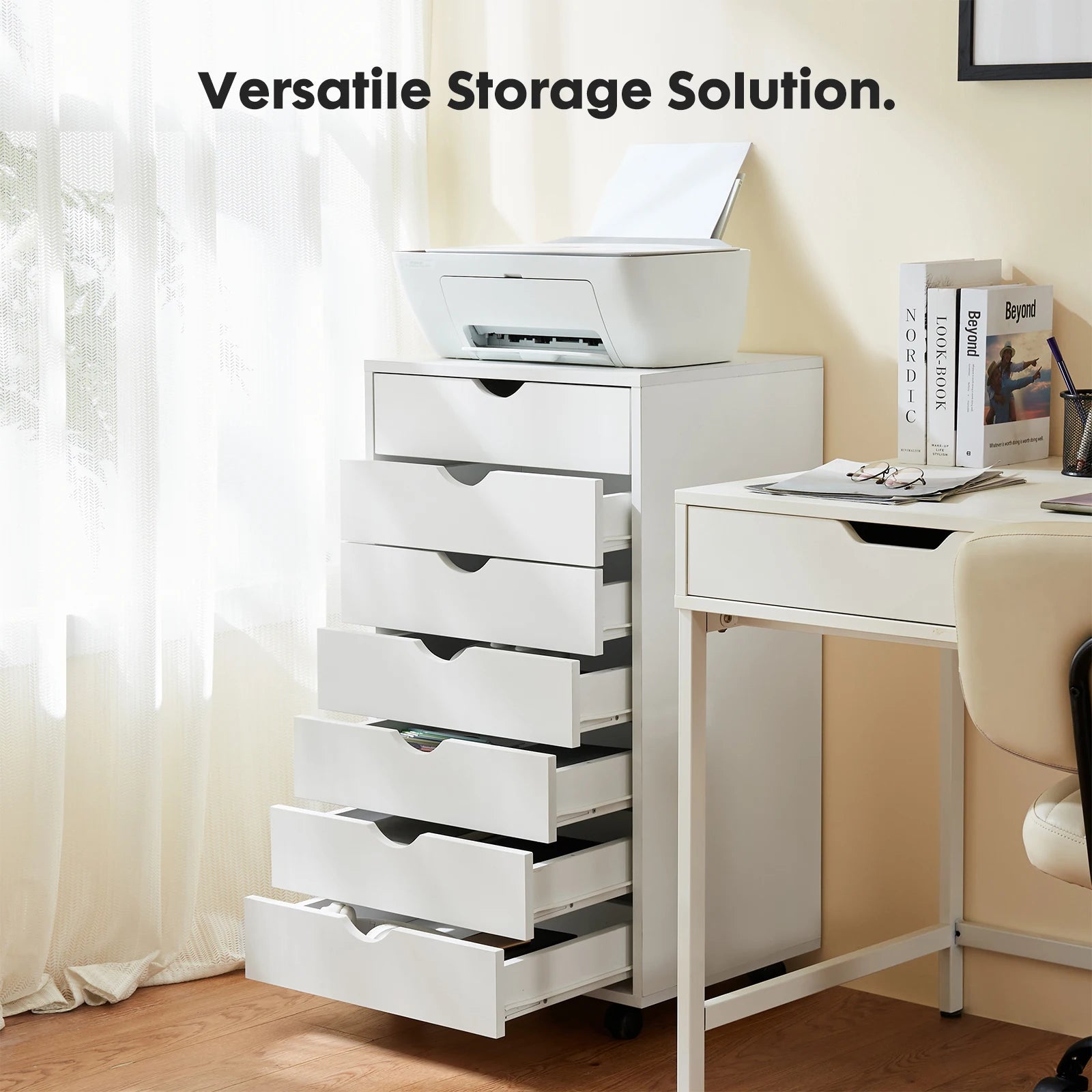 7-Drawer Rolling Storage Dresser - Mobile Wood Cabinet for Office & Bedroom - 12