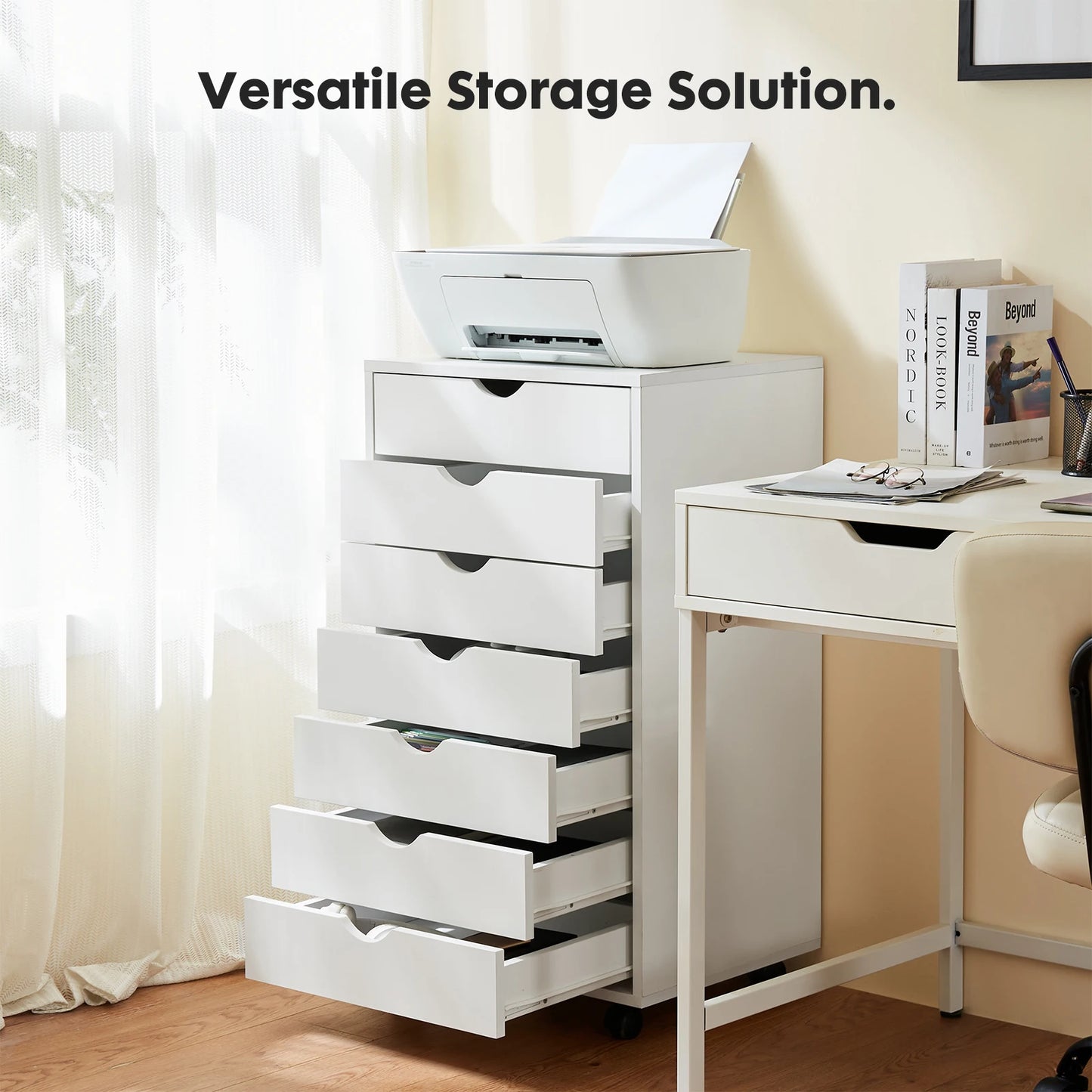 7-Drawer Rolling Storage Dresser - Mobile Wood Cabinet for Office & Bedroom
