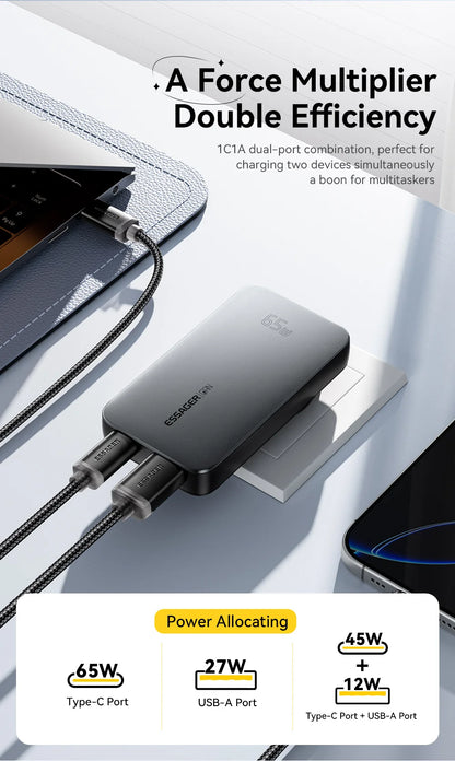 65W Ultra-Thin GaN Fast Travel Charger - PD 3.0 Dual-Port Wall Adapter
