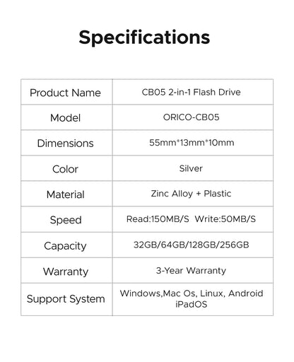 256GB Dual USB-C & USB-A 3.2 Flash Drive - High-Speed Metal Thumb Drive