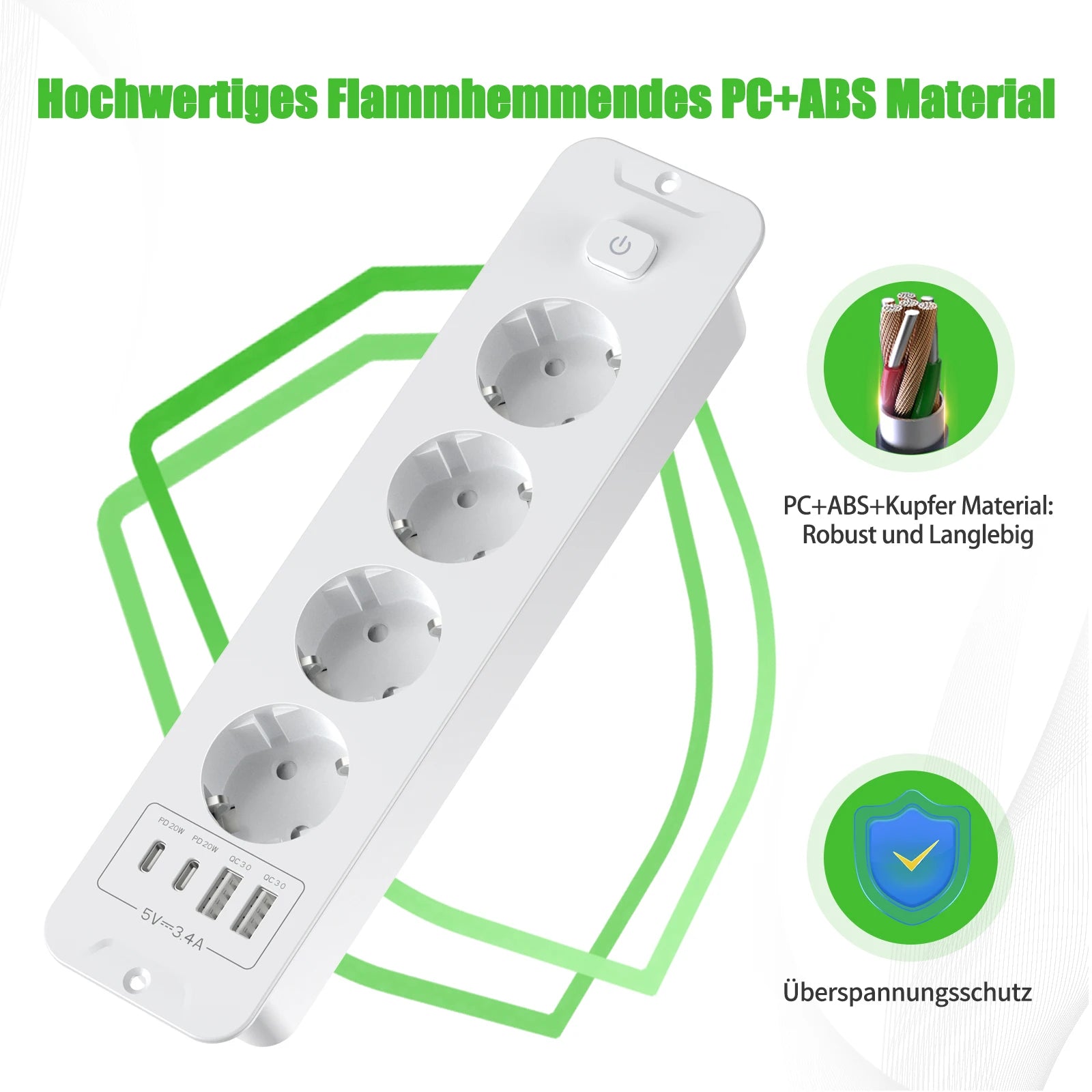 Retractable Desktop Power Strip with 4/6 AC Outlets, USB-C & PD 20W Fast Charge - 5