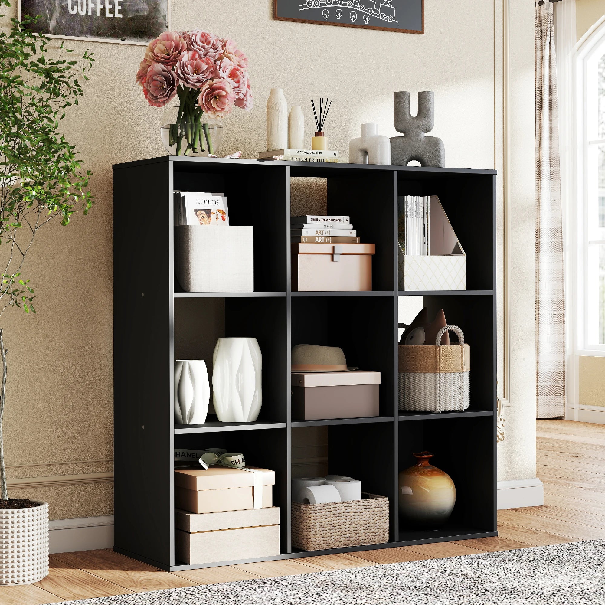 9-Cube Wooden Storage Organizer - Modern Open Bookshelf & Display Unit - 1