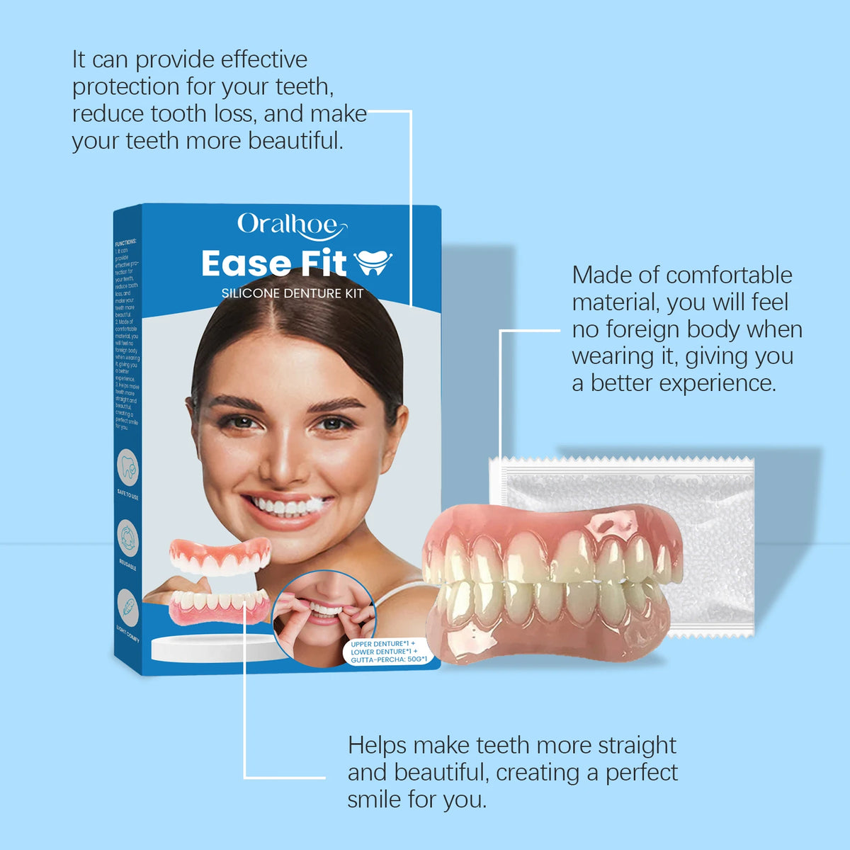 Comfortable Silicone Denture Set for Natural Looking Smile and Improved Chewing
